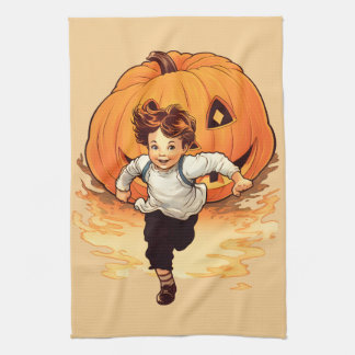 Happy halloween Pumpkin Chasing Young Boy Kökshandduk