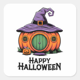 Happy Halloween Pumpkin Cottage & Witch Hat Roof  Fyrkantigt Klistermärke