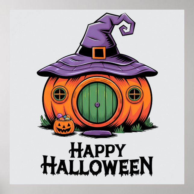 Happy Halloween Pumpkin Cottage & Witch Hat Roof  Poster (Framsidan)