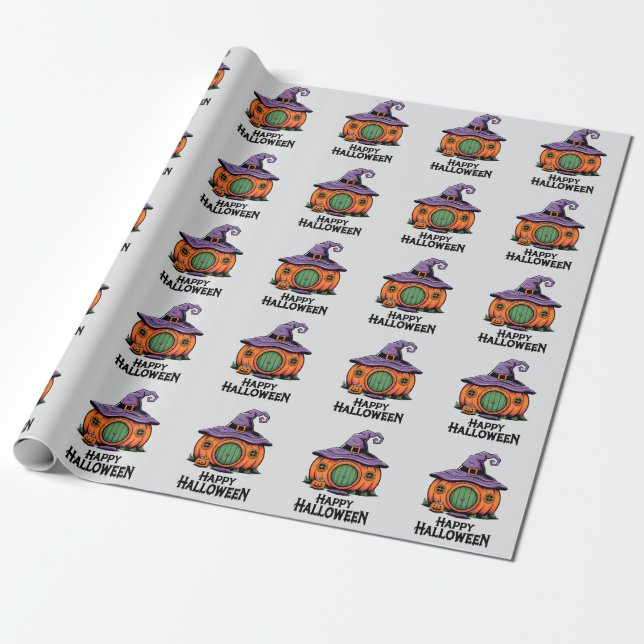 Happy Halloween Pumpkin Cottage & Witch Hat Roof  Presentpapper (Utrullad)