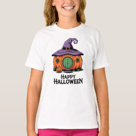 Happy Halloween Pumpkin Cottage & Witch Hat Roof T Shirt