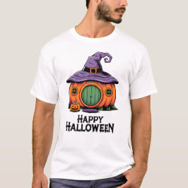 Happy Halloween Pumpkin Cottage & Witch Roof Hat T Shirt