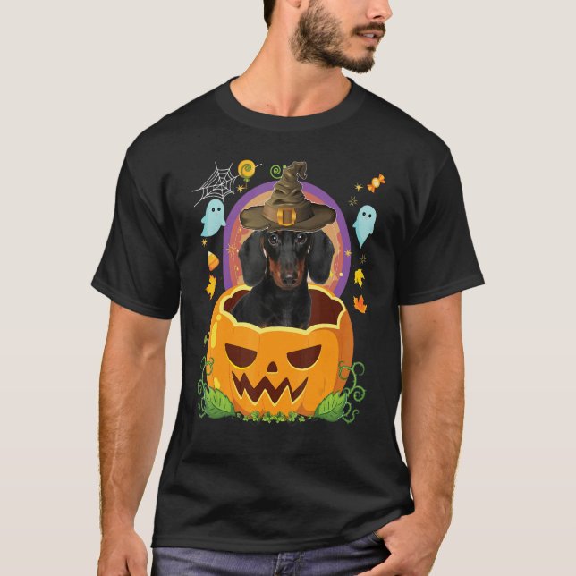 Happy halloween Pumpkin Dachshund Hund Witch Cute  T Shirt (Framsida)