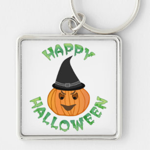 "HAPPY HALLOWEEN" PUMPKIN FYRKANTIG SILVERFÄRGAD NYCKELRING
