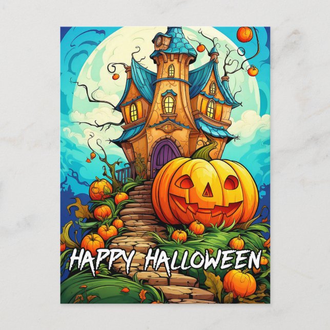 Happy halloween | Pumpkin & Haunted House Vykort (Framsida)