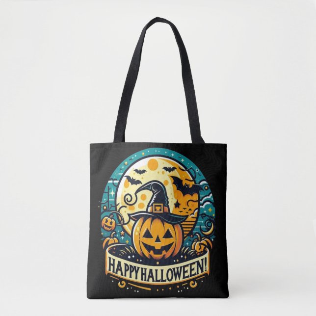 Happy halloween Pumpkin i Witch Hat Full Moon Tygkasse (Framsida)