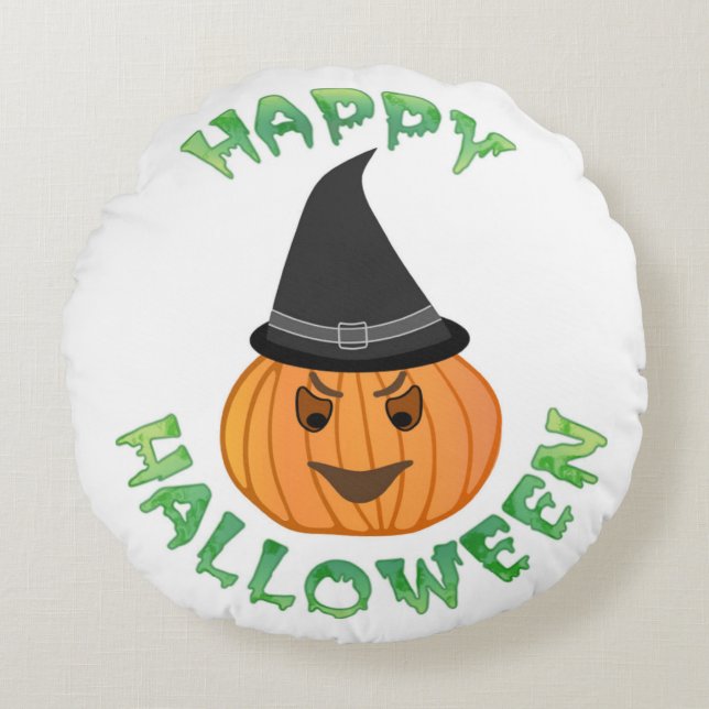 "HAPPY HALLOWEEN" PUMPKIN RUND KUDDE (Framsidan)