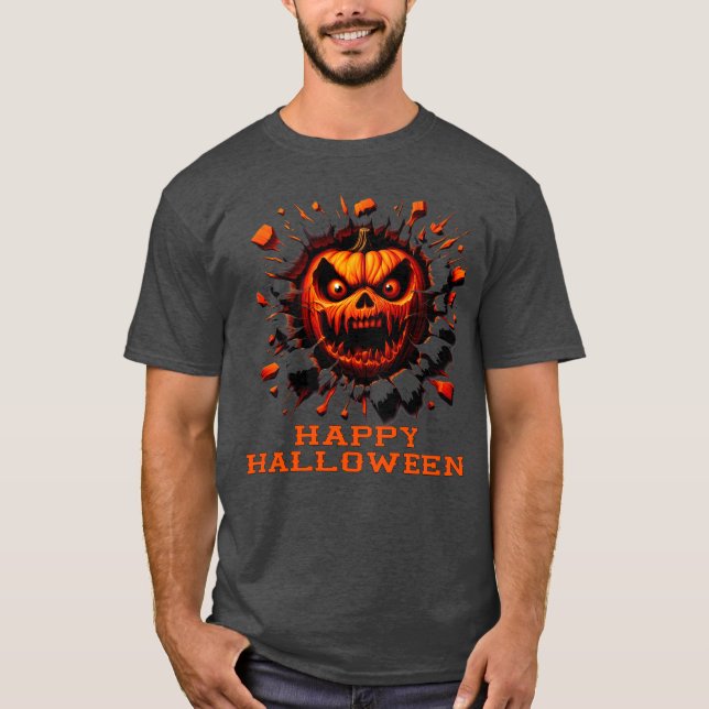 Happy Halloween Pumpkin Smashing Through T-Shirt (Framsida)