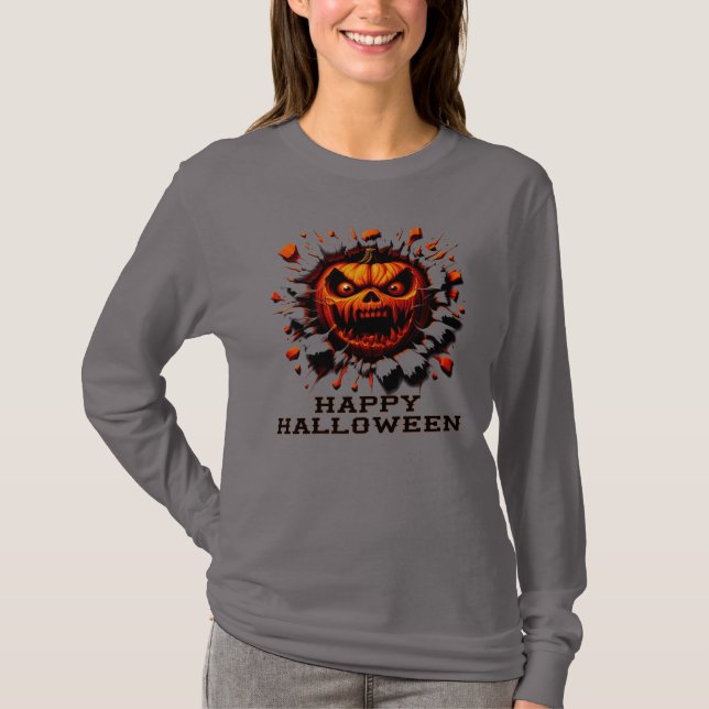 Happy Halloween Pumpkin Smashing Through T-Shirt (Framsida)