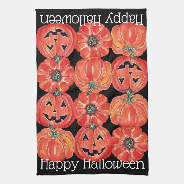 Happy halloween Pumpkins Orange Black Watercolor Kökshandduk (Vertikal)