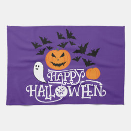 Happy halloween pumpkins spöktext fladdermus lila kökshandduk