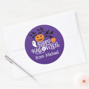 Happy halloween pumpkins spöktext fladdermus lila runt klistermärke