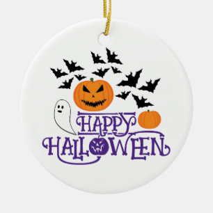 Happy halloween pumpor spöke fladdermus lila text julgransprydnad keramik