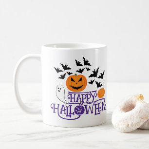 Happy halloween pumpor spöke fladdermus lila text kaffemugg