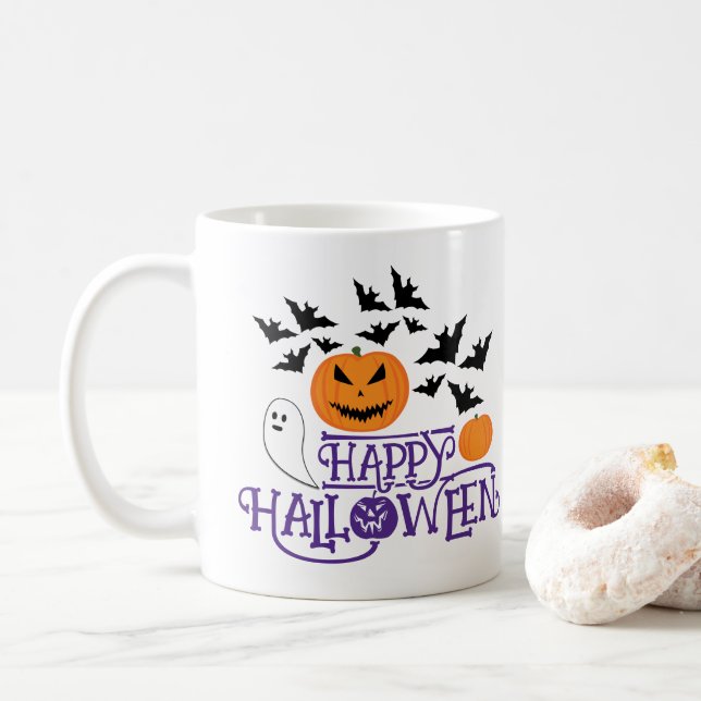 Happy halloween pumpor spöke fladdermus lila text kaffemugg (Med munk)