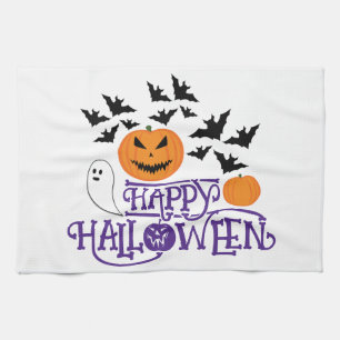 Happy halloween pumpor spöke fladdermus lila text kökshandduk