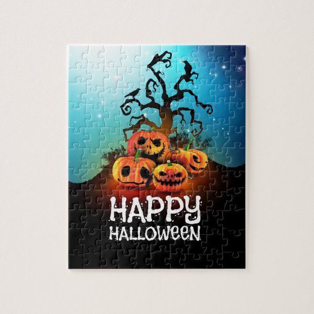 Happy halloween! Pumpor under en läskig träd! Pussel (Vertikal)