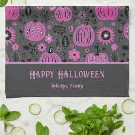 Happy Halloween Purple Pumpkin Family Name Kökshandduk