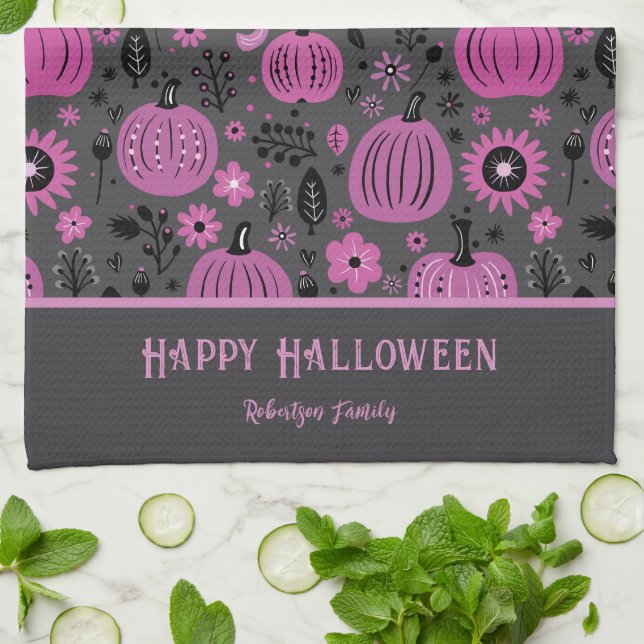 Happy Halloween Purple Pumpkin Family Name Kökshandduk (Vikta)