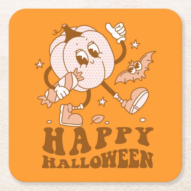 Happy halloween| Retro Polka Dot Pumpkin Underlägg Papper Kvadrat (Framsidan)