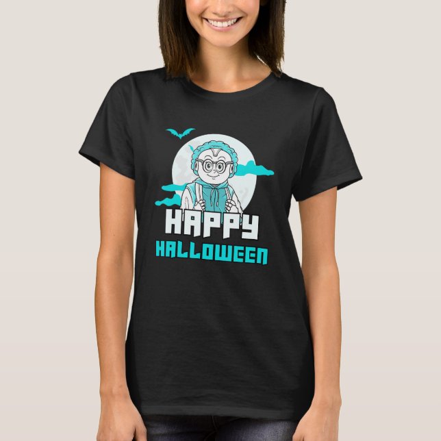 Happy halloween Robot AI Bus eller godis Data Nerd T Shirt (Framsida)