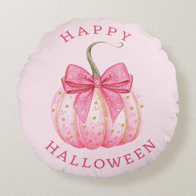 Happy halloween Rosa Coquette Bow Pumpkin Rund Kudde (Framsidan)