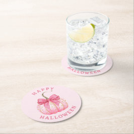 Happy halloween Rosa Coquette Bow Pumpkin Underlägg Papper Rund