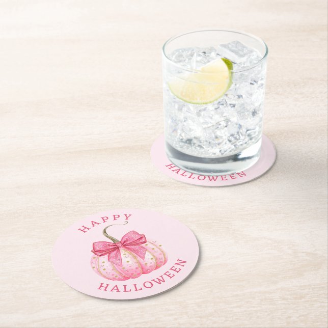 Happy halloween Rosa Coquette Bow Pumpkin Underlägg Papper Rund (Insitu)