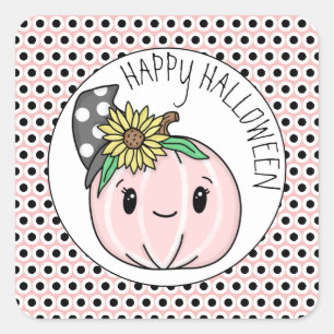 Happy halloween Rosa Pumpkin och Polka dots Fyrkantigt Klistermärke
