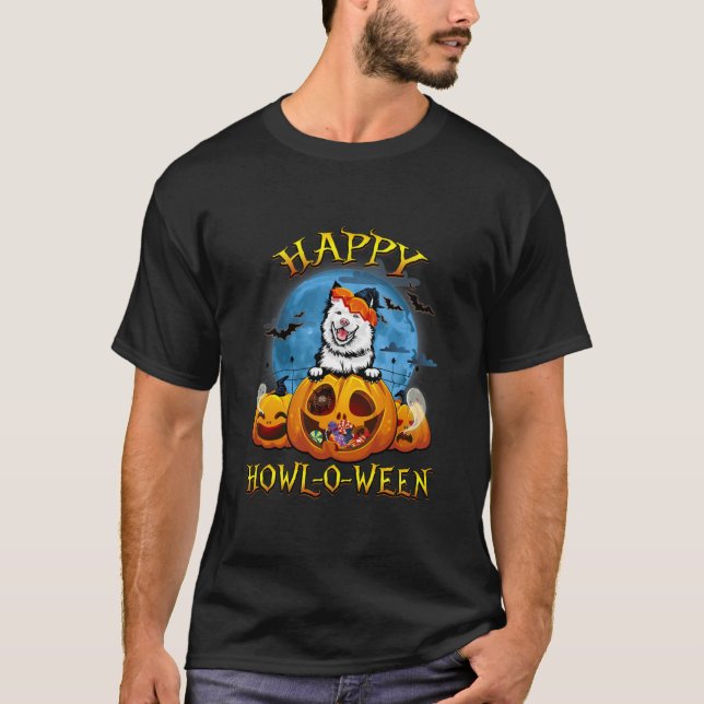 Happy Halloween Samoyed With Moon Pumpkin Dog T Shirt (Framsida)