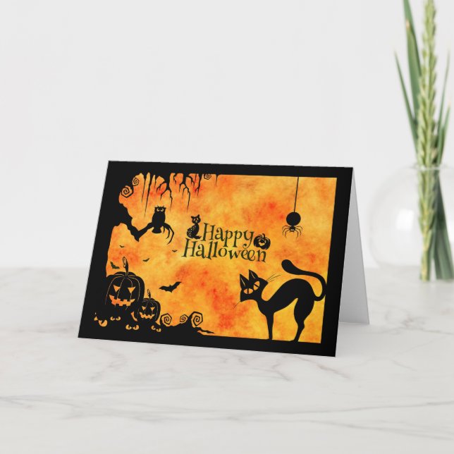 Happy halloween Silhouette Black Cat och Vänner Kort (Framsida)