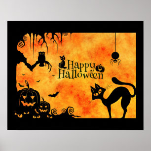 Happy halloween Silhouette Black Cat och Vänner Poster