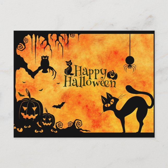 Happy halloween Silhouette Black Cat och Vänner Vykort (Framsida)
