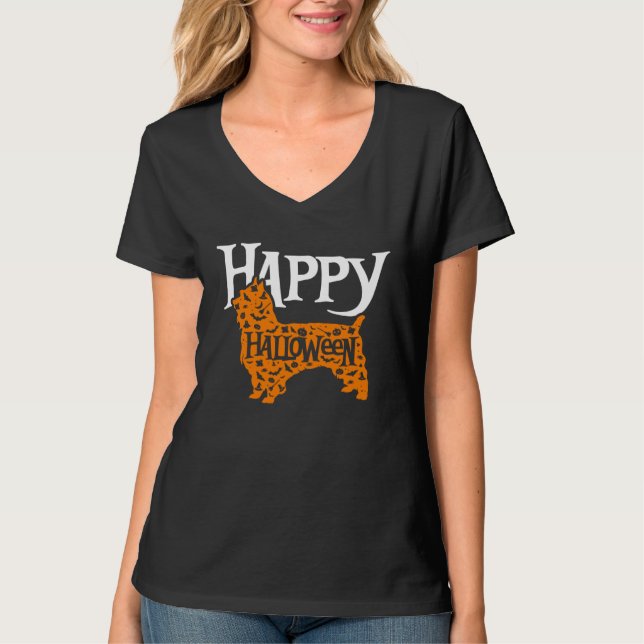 Happy Halloween Silky Terrier T Shirt (Framsida)
