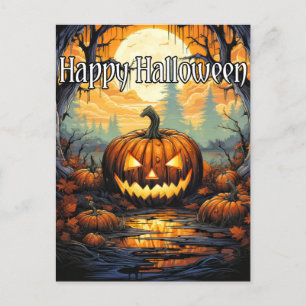 Happy halloween Sinister Glowing Pumpkin på hösten Vykort