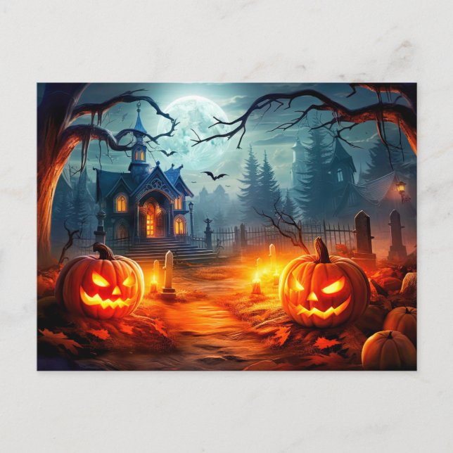 Happy halloween Sinister Haunted House & Pumpkins Vykort (Framsida)