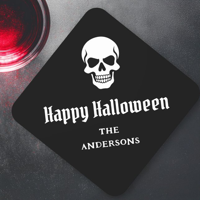 Happy halloween-skämt, eget namn eller text underlägg papper kvadrat (Happy Halloween spooky skull custom name or text Square Paper Coaster)