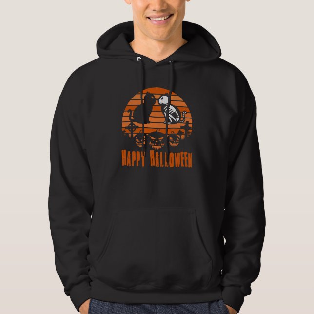 Happy halloween Skeleton Cat Retro Sunset Hoodie (Framsida)