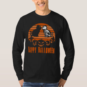 Happy halloween Skeleton Cat Retro Sunset T Shirt