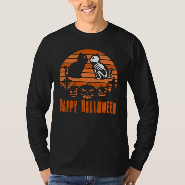 Happy halloween Skeleton Cat Retro Sunset T Shirt (Framsida)