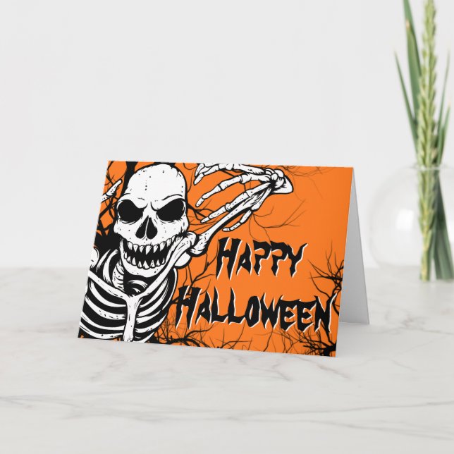 Happy halloween Skeleton Orange Black Spooky Kort (Framsida)