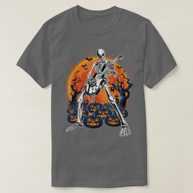 Happy halloween Skeleton spelar Guitar Pumpkin Vi T Shirt (Design framsida)