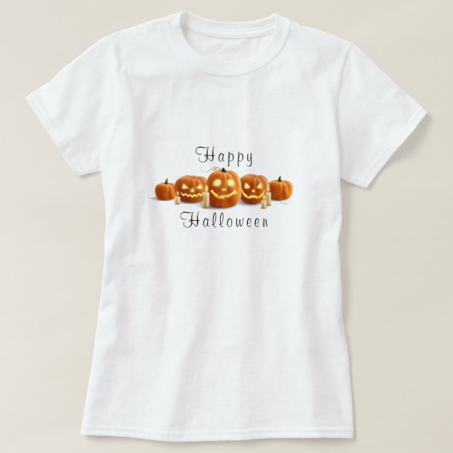 "Happy halloween" Skript Carved Pumpkins Candles T Shirt (Design framsida)