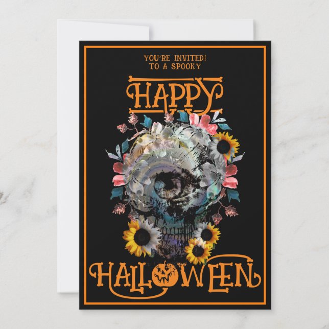 Happy halloween Skull Blommigt Party Black Orangar Inbjudningar (Framsida)