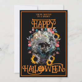 Happy halloween Skull Blommigt Party Black Orangar Inbjudningar