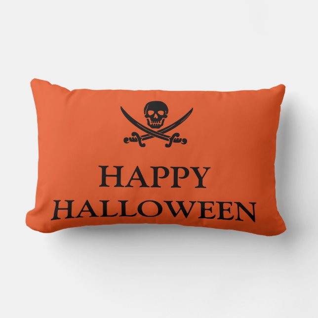 Happy halloween Skull med hennes Orange Broom Thri Lumbarkudde (Framsida)