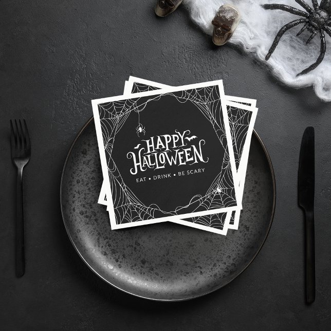 Happy halloween Spindelnät Ät dryck kan vara skum Pappersservett (Happy Halloween Spider Web Eat Drink Be Scary Napkins)