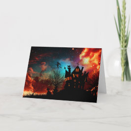 Happy halloween spökad hus och häxa kort