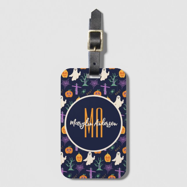 HAPPY HALLOWEEN SPOOKY CUSTOMIZABLE MONOGRAM BAGAGEBRICKA (Framsida vertikal)