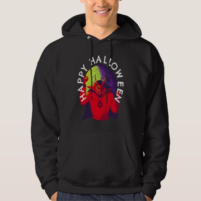 Happy Halloween Spooky Devil Satan in Full Moon Hoodie (Framsida)